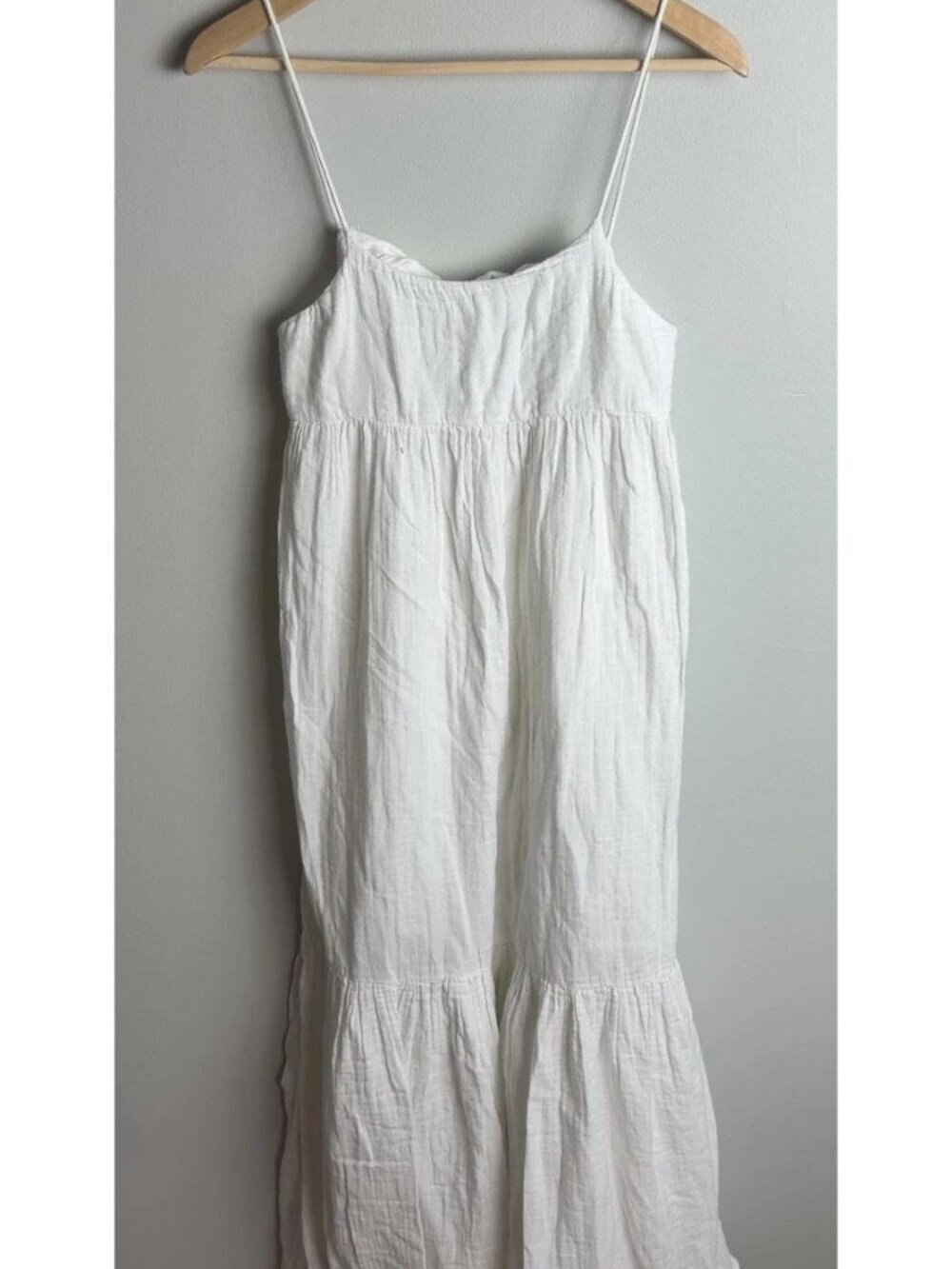 Zara White Tiered Cotton Gauze Maxi Dress Size Small Spaghetti Strap Tie Back Wm